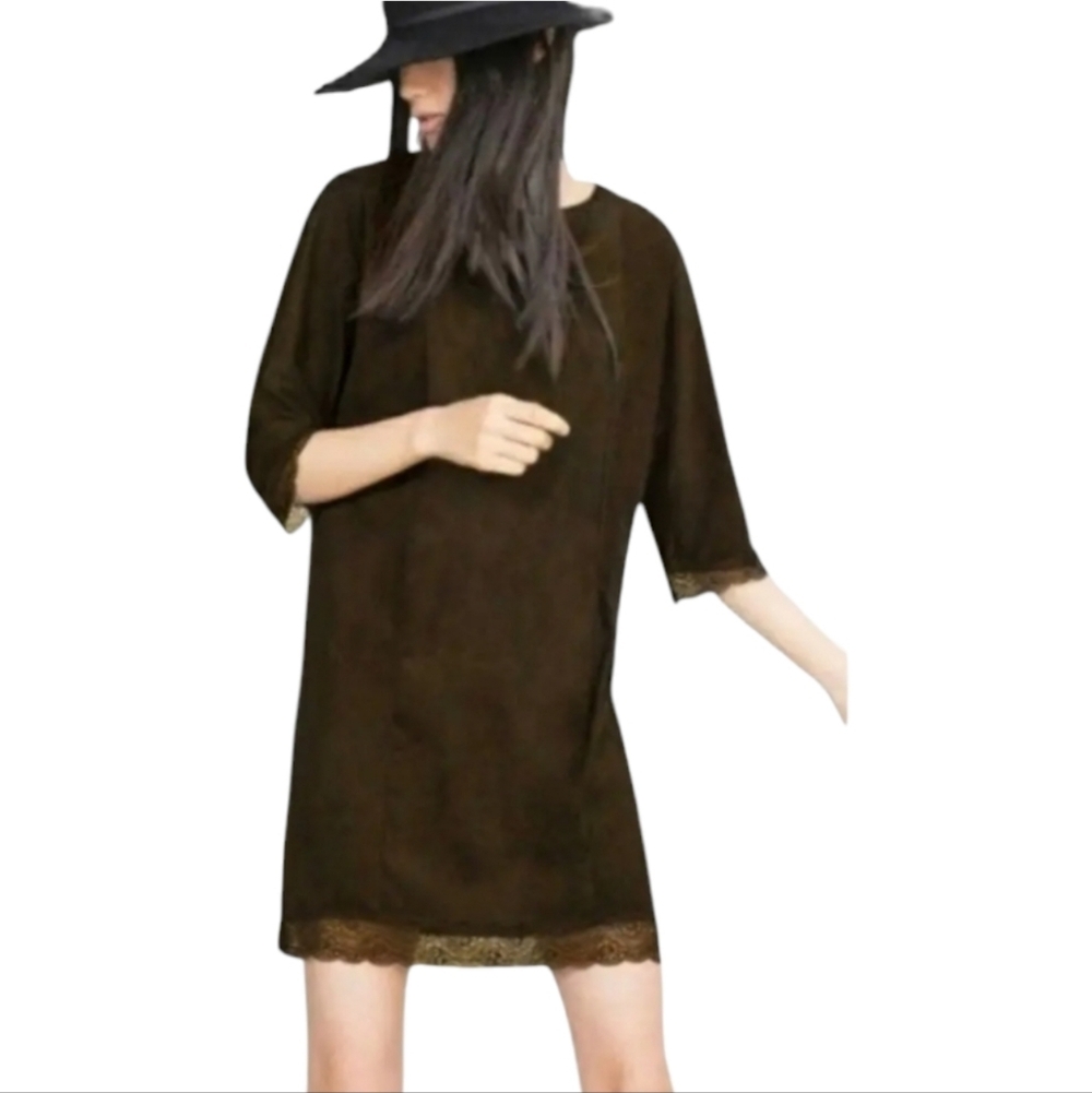 ZARA FAUX SUEDE LACR DARKEST OLUVE BROWN SHIFT DRESS SIZE SMALL NWOT